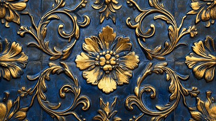 Elegant Gold and Blue Floral Damask Pattern Baroque Style Vintage Luxury Design Decorative Ornate Texture Background Image High Resolution Detailed Intricate Classic Antique Ornamental Gilded Rich    