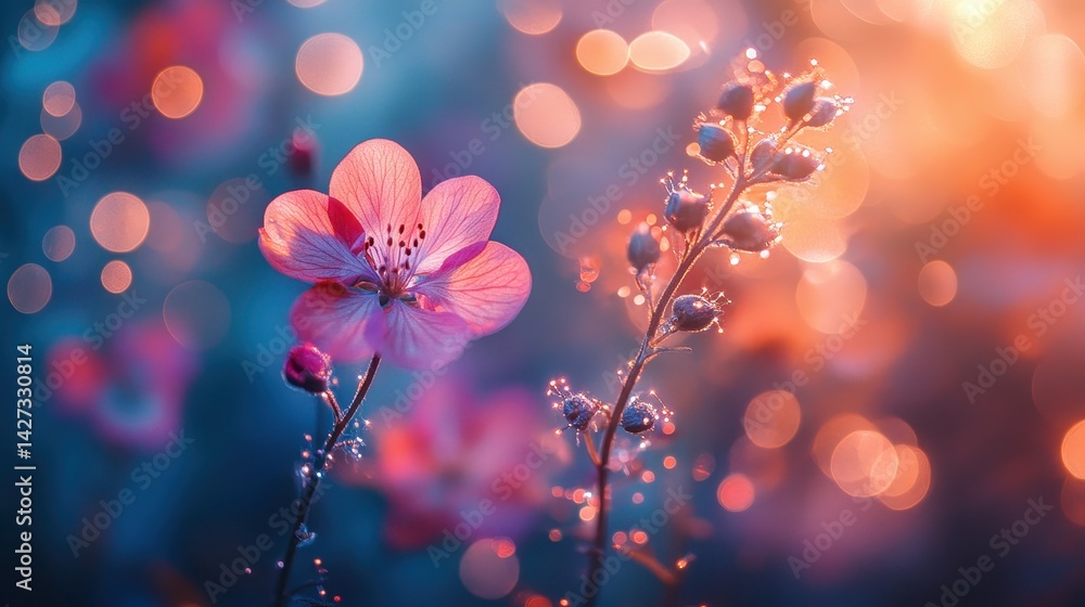 Poster vibrant pink flowers glisten with dew in a dreamy garden setting during the golden hour, creating a 
