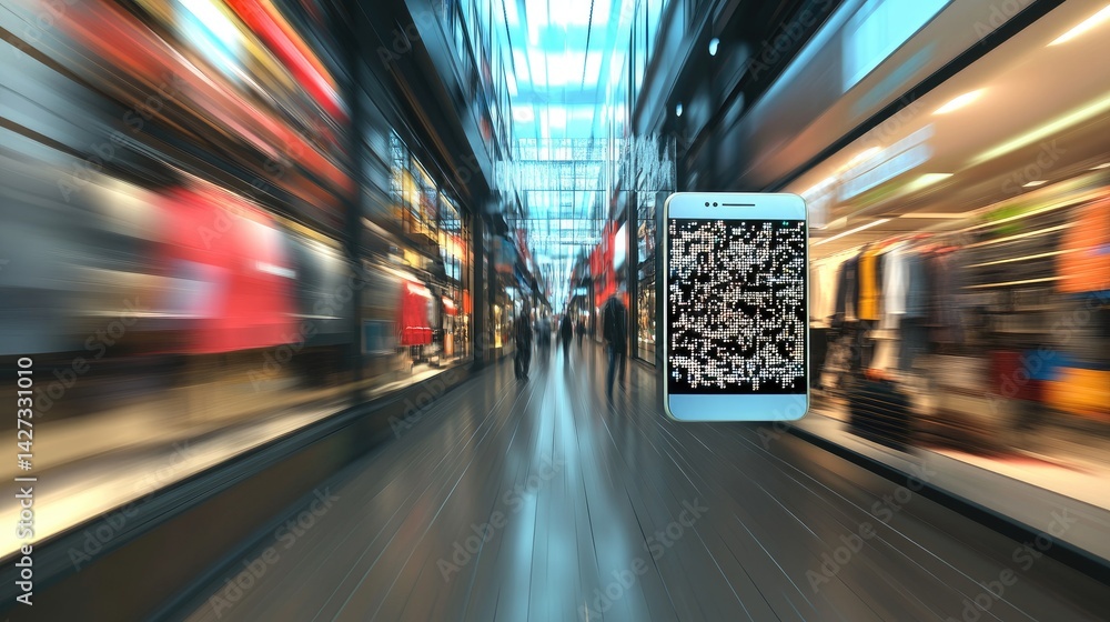 Poster qr code scanning process for mobile-based purchase on clean tech background