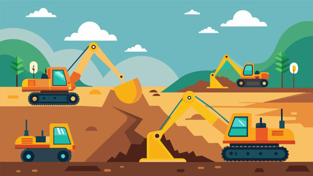 Finally after days of digging the excavators reach the desired depth and a sense of accomplishment and satisfaction fills the site as they make way. Vector illustration