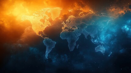 Global perspectives: a world map in celestial and fiery hues backdrop