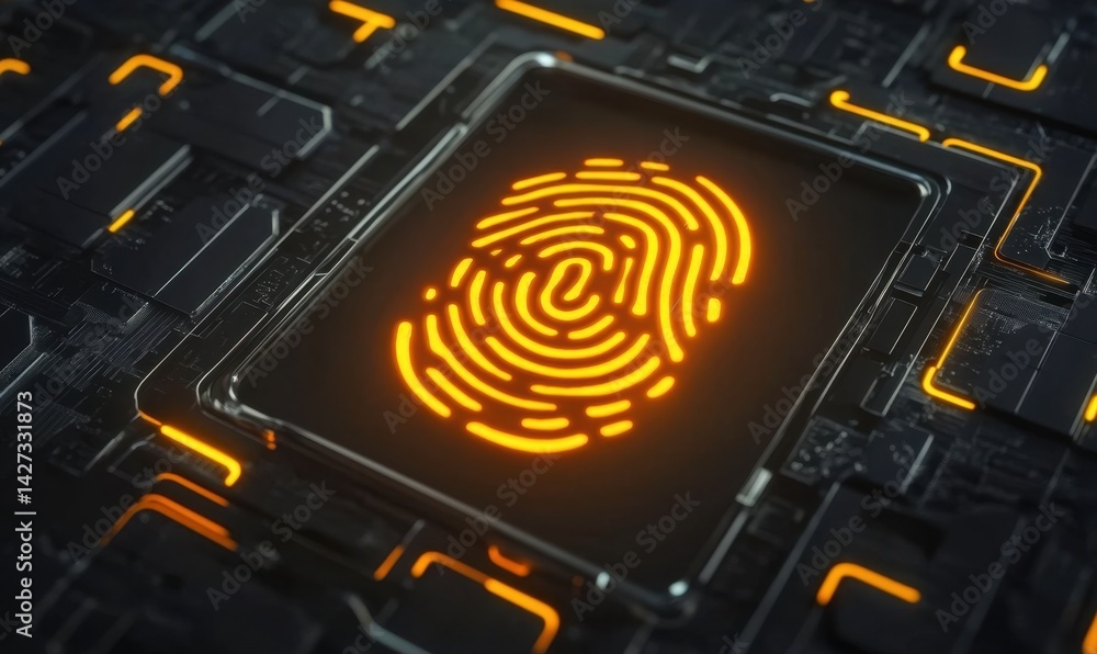 Poster glowing fingerprint on circuit board; digital security, technology background; website banner