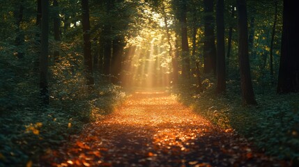 Fototapeta premium Sunlit path through a tranquil forest in autumn, evoking peace and wonder