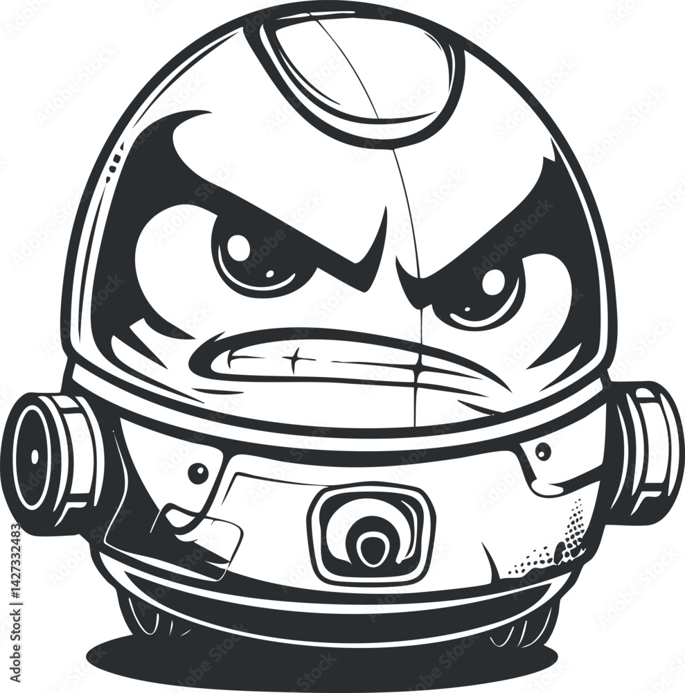 Poster a cartoon robot character with an angry expression designed in a bold black and white style.