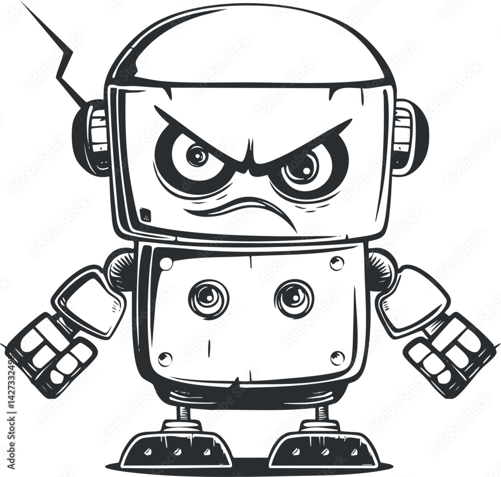 Aufkleber angry cartoon robot character with a quirky design and expressive features in a vintage style.