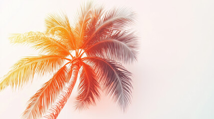 A vibrant and colorful palm tree stands tall against a soft, bright background, its fronds illuminated by warm hues of orange, yellow, and red, creating a tropical feel.