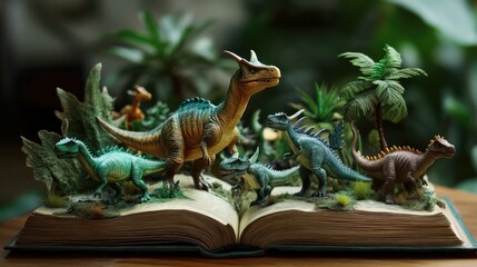 Fototapeta premium Open book depicting a miniature prehistoric world filled with dinosaur figures