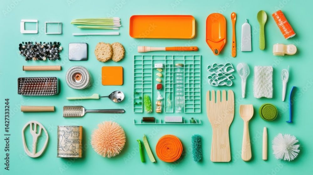 Poster top view of a shopping cart grid with items placed methodically in each section