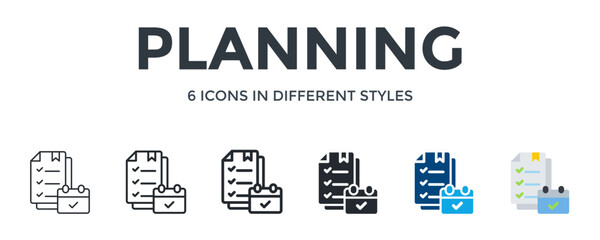 Planning Icon In Different Style Vector Illustration. Designed In Thin Line, Regular Line, Bold Line, Glyph, Color Fill, And Flat Style Can Be Used For Web