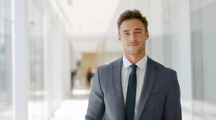 Fototapeta premium Business Man Medium Single Shot Front Side Young White American Male Suit Tie Walking Hallway Modern Office