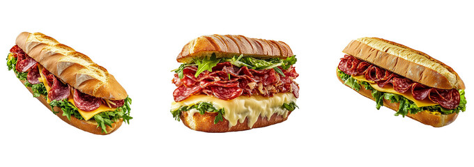 Set of Rigid Subway Sandwiches with Salami, Cheese & Lettuce Isolated on Transparent Background, PNG, Cutout