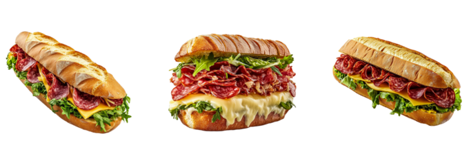Set of Rigid Subway Sandwiches with Salami, Cheese & Lettuce Isolated on Transparent Background, PNG, Cutout