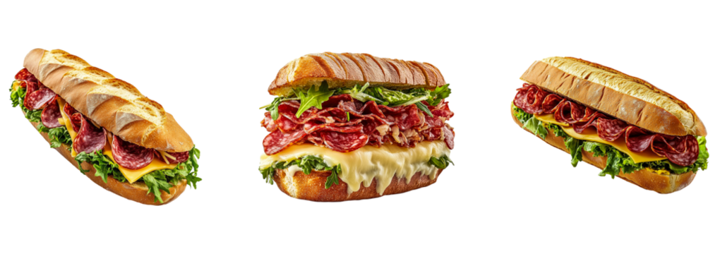 Set of Rigid Subway Sandwiches with Salami, Cheese & Lettuce Isolated on Transparent Background, PNG, Cutout - Powered by Adobe