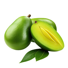 Green Unripe Mango with Glossy Skin and Neatly Cut Slices on transparent backround 