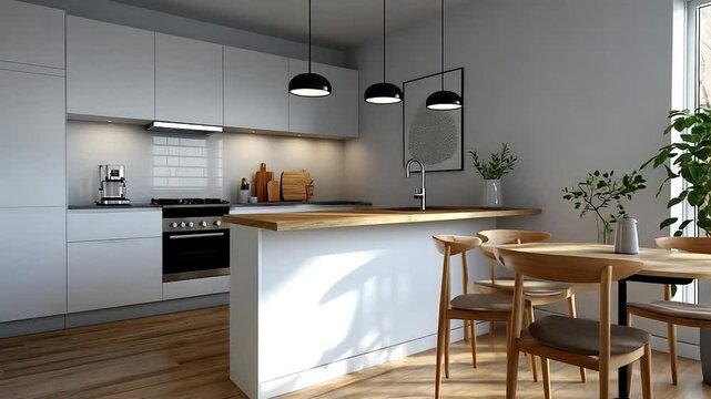 Modern Kitchen Interior Design with Wooden Dining Table and Bright Natural Light