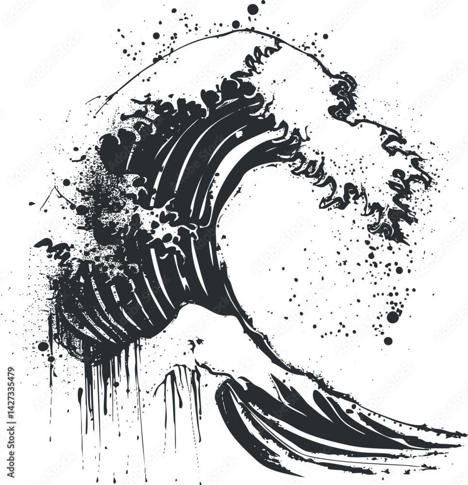 Poster an abstract illustration of a dynamic ocean wave with bold black and white design elements.