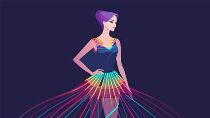 Fototapeta premium A young model steals the show in a dress made of fiber optic threads that light up in rainbow colors.. Vector illustration