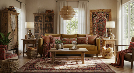 Interior showcases cozy living room with sofa, coffee table, and rustic decor accents