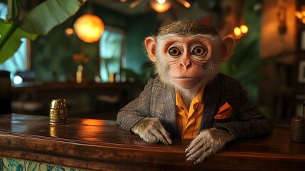 Sophisticated Monkey in Suit at a Bar Primate in Gentleman's Attire Enjoying a Night Out