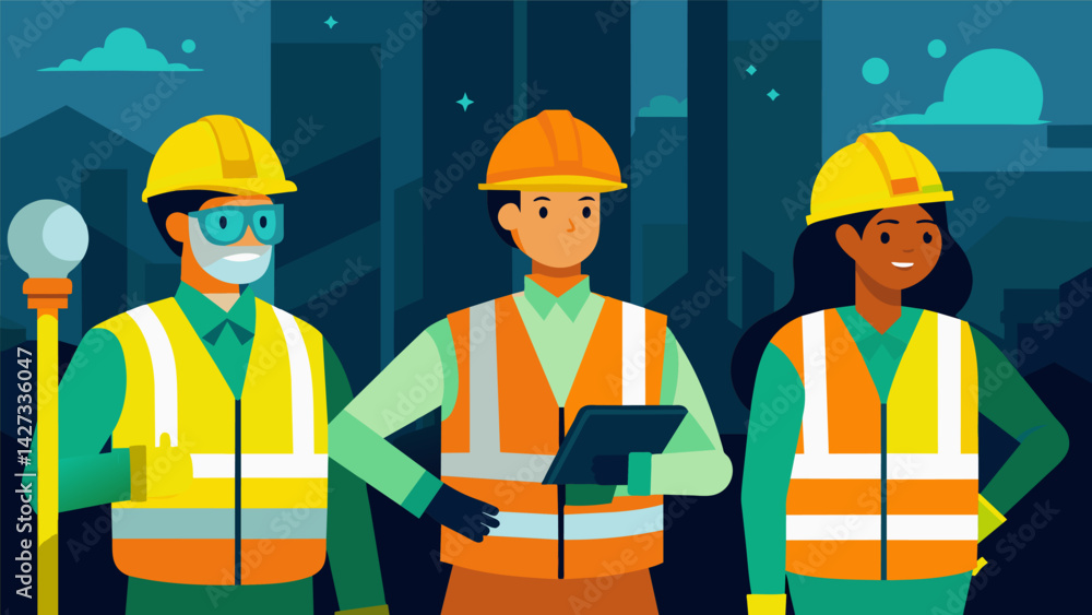 Poster the workers are dressed in bright safety gear their reflective vests and hard hats adding to the ill
