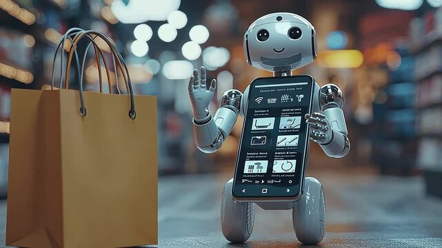 Robot in Shopping Center: An innovative robot assistant joyfully showcases a mobile phone laden with shopping applications and stands beside a paper shopping bag.