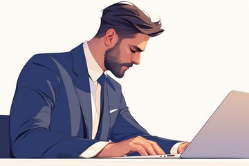 A professional man in a suit works intently on a laptop computer