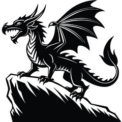 Fototapeta premium Black Dragon Vector Illustration: Fierce Mythical Creature on Rock, Fantasy Art, Dragon Clipart, Tattoo Design, Graphic Novel Icon
