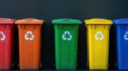 Vibrant assortment of recycling bins arranged against a simple black backdrop