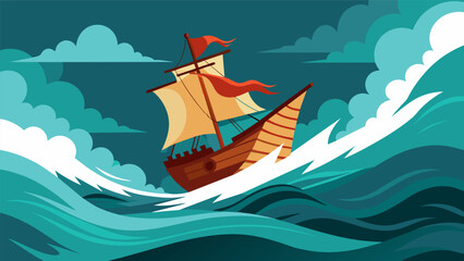 A ship sailing through rough waters representing the stoic concept of enduring through lifes challenges.. Vector illustration