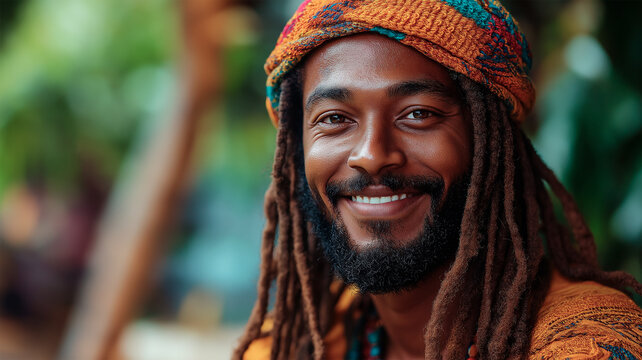 Afro-Caribbean man with dreadlocks and colorful clothes, blurred background