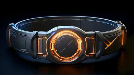 A futuristic power belt glows with an inner orange light, promising untold power and adventure in a dark, mysterious setting.