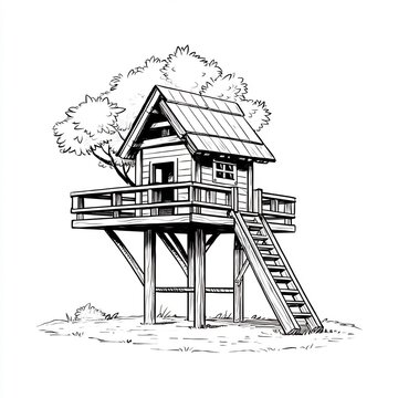 recommend clip art: treehouse ladder deck backyard adventure sketch