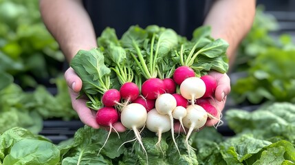 Freshly Harvested Red and White Radishes Held in Hands in a Garden