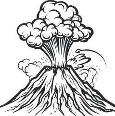 A stylized illustration of a volcanic eruption with clouds of smoke and ash.