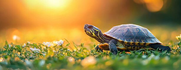 A turtle basking in golden hour light on grassy field, surrounded by small white flowers, evokes serenity and freedom