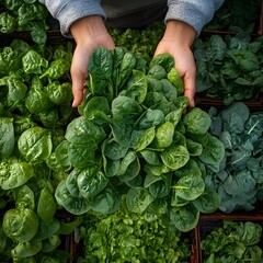 Freshly Harvested Spinach Held in Hands Organic Greens for Healthy Eating