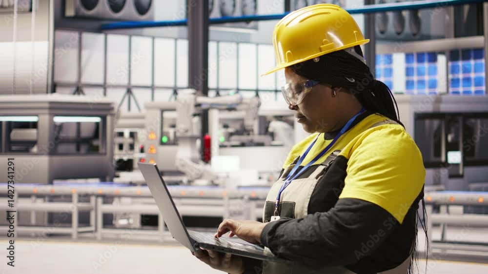 Poster smart factory specialist typing on laptop keyboard, testing automated systems to ensure reliability.
