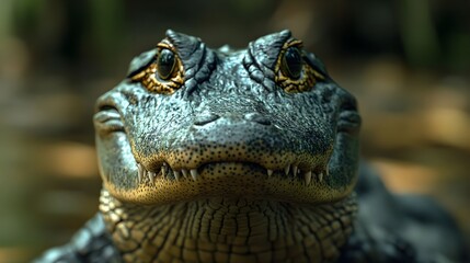 Obraz premium Close up Portrait of an Alligator's Face Showing Detailed Texture and Sharp Teeth