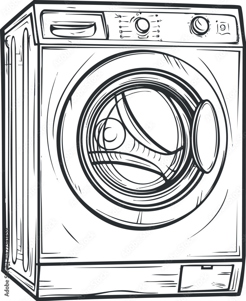 Poster a detailed sketch of a front-loading washing machine highlighting its features and design.