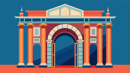 Obraz premium The grand archway at the entrance of the building is supported by ornately decorated Corinthian columns showcasing architectural sophistication.. Vector illustration