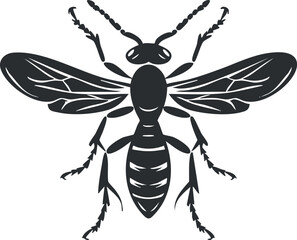 A detailed silhouette of a bee showcasing its wings and body structure in black.