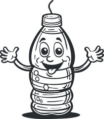 A cheerful cartoon character shaped like a plastic bottle with a friendly smile and outstretched arms.