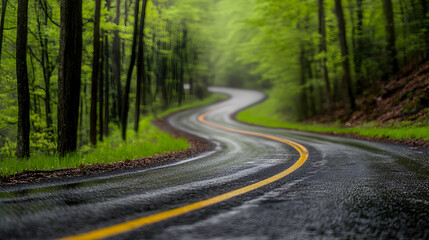 Obraz premium Winding Road Through Green Forest On A Rainy Day