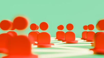 Many red people icons on a green stage connected for teamwork, 3D illustration, horizontal image