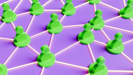Communication for teamwork, representation of people with green icons on a purple stage, 3D
