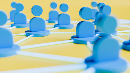 Blue icons representing people, communication and information network theme, 3D illustration