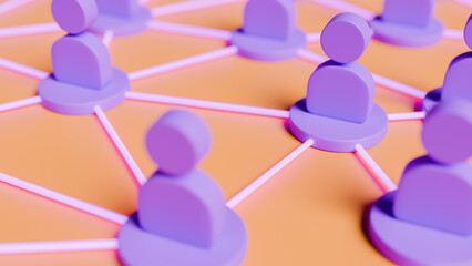 Orange stage with purple icons representing people, communication, and teamwork, 3D illustration