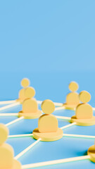 3D illustration of yellow icons representing people connected in a work network, vertical image