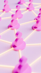 Purple stage with icons of people connected in a work network, communication theme, 3D illustration