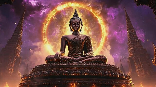 Enlightened Divinity: A serene and majestic Buddha statue sits in meditation, radiating an aura of peace and enlightenment amidst a breathtaking backdrop of vibrant colors and ancient architecture.